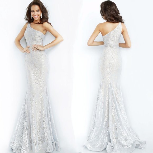 Jovani 00353 Silver Lace One Shoulder Evening Gown